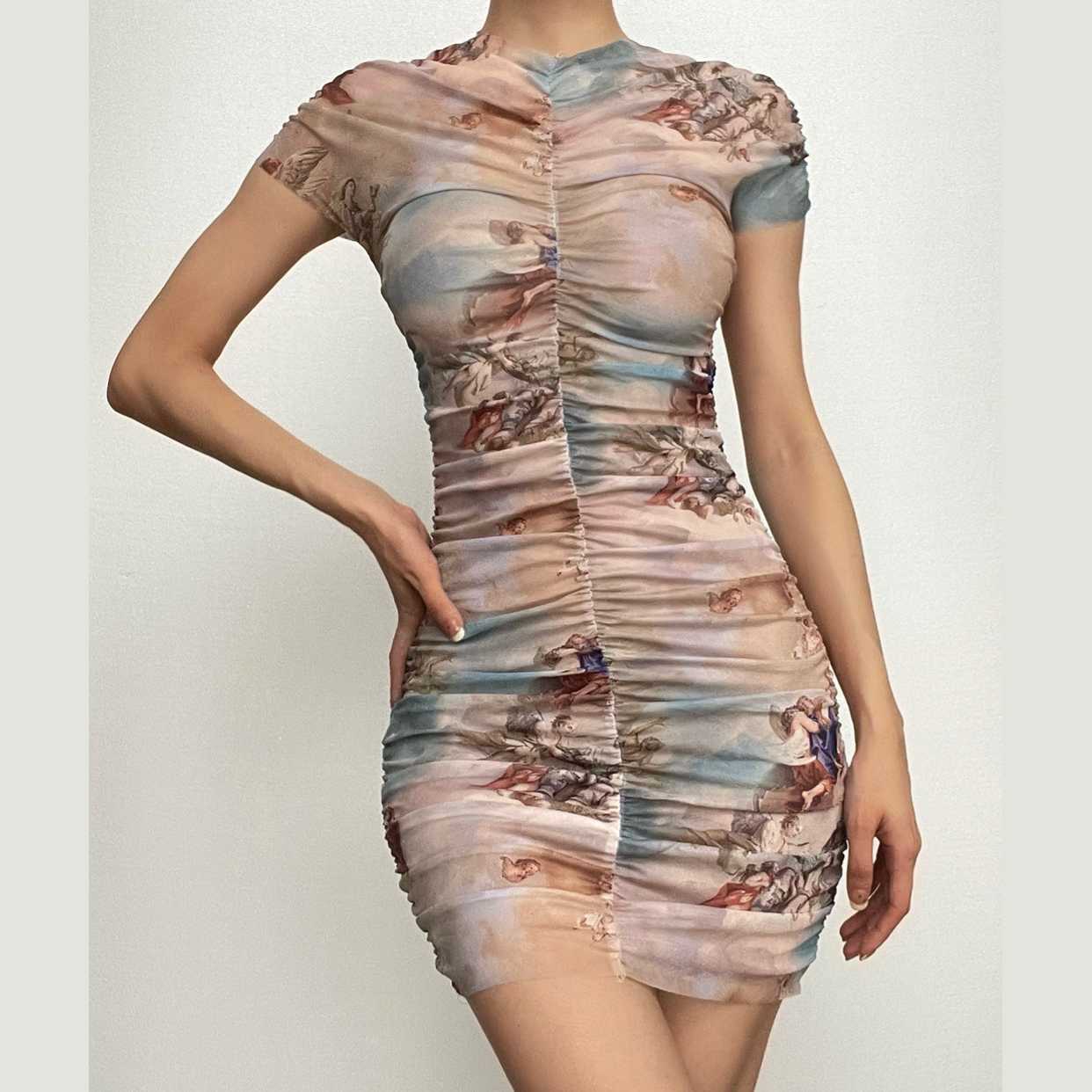 Sheer Mesh Ruched Contrast Mini Dress - Y2K Aesthetic, Coquette Style, Cute Party Outfit