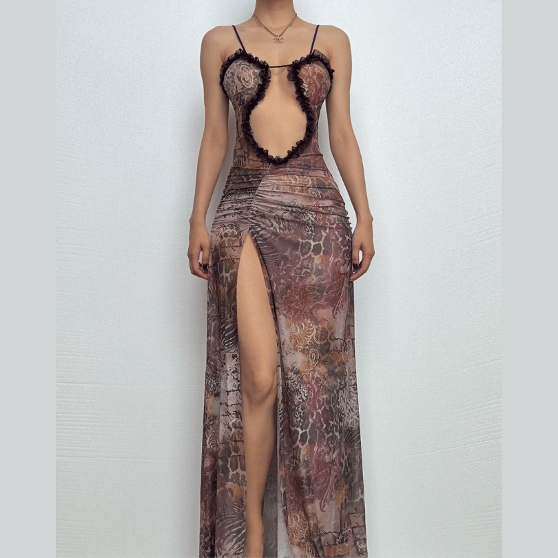 Sheer Mesh Ruched High Slit Cami Cut-Out Maxi Dress - Y2K & Coquette Aesthetic Vibes
