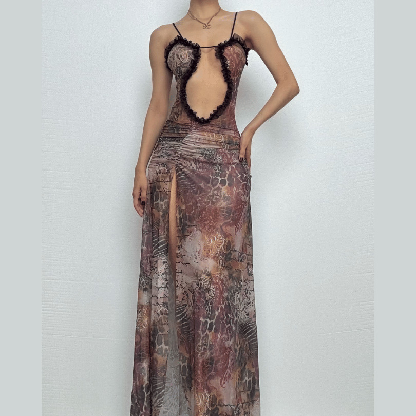 Sheer Mesh Ruched High Slit Cami Cut-Out Maxi Dress - Y2K & Coquette Aesthetic Vibes