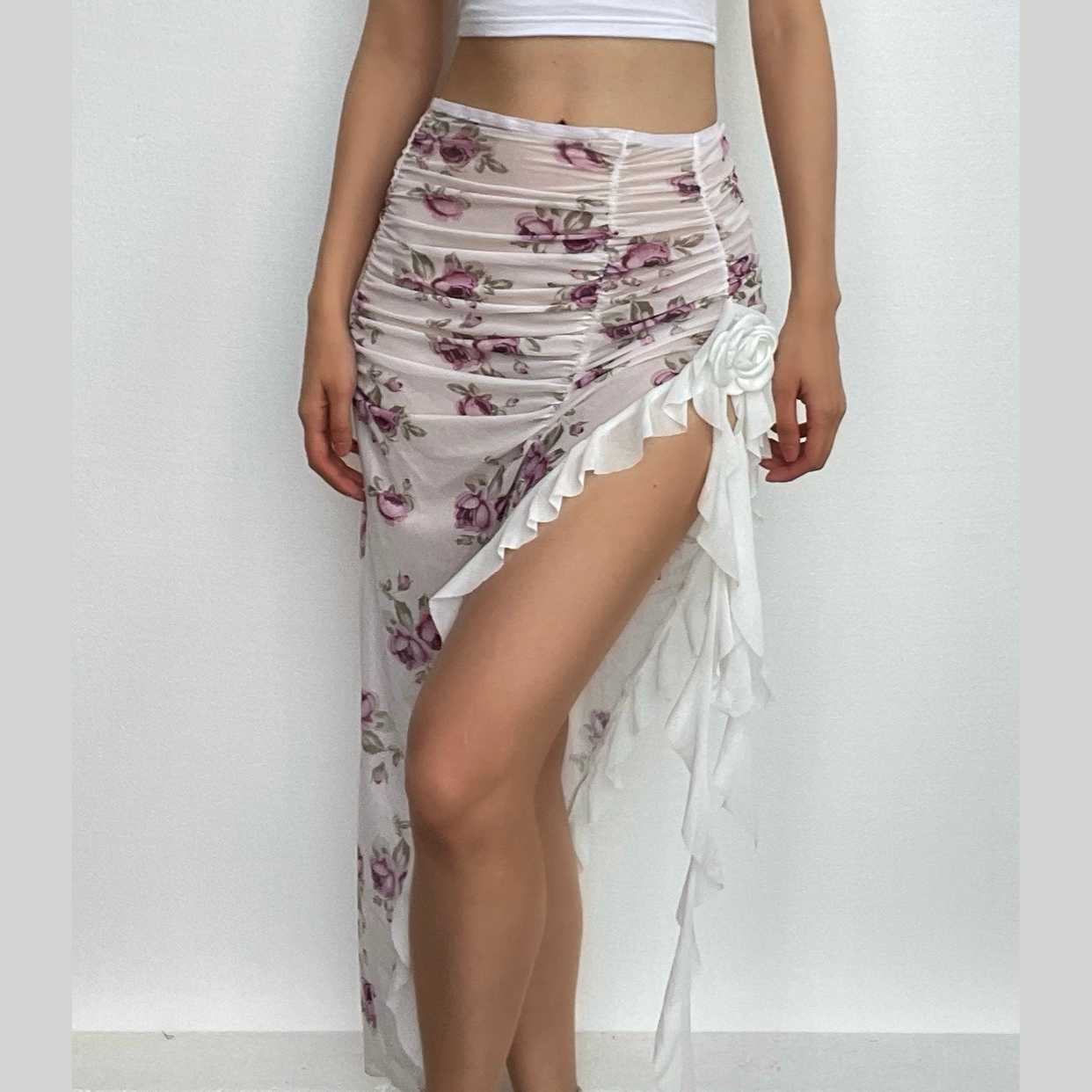 Sheer Mesh Ruched Slit Midi Skirt in Floral Print - Y2K Aesthetic & Coquette Style