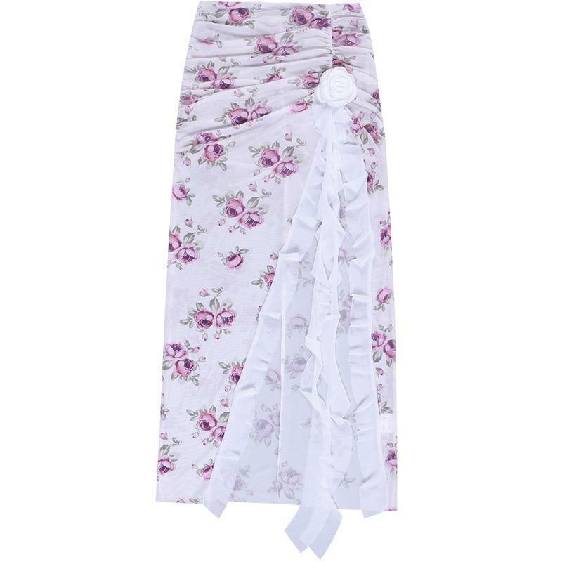 Sheer Mesh Ruched Slit Midi Skirt in Floral Print - Y2K Aesthetic & Coquette Style