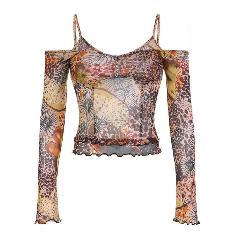 Sheer Mesh Ruffle Off-Shoulder Long Sleeve Top - Y2K Fashion & Coquette Aesthetic