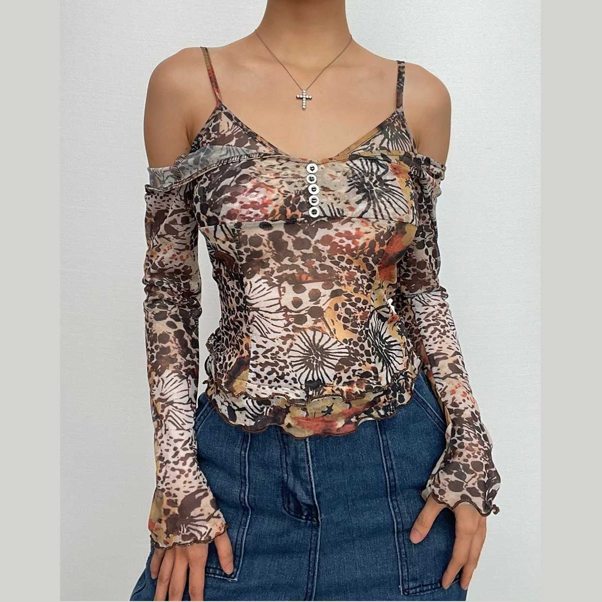 Sheer Mesh Ruffle Off-Shoulder Long Sleeve Top - Y2K Fashion & Coquette Aesthetic
