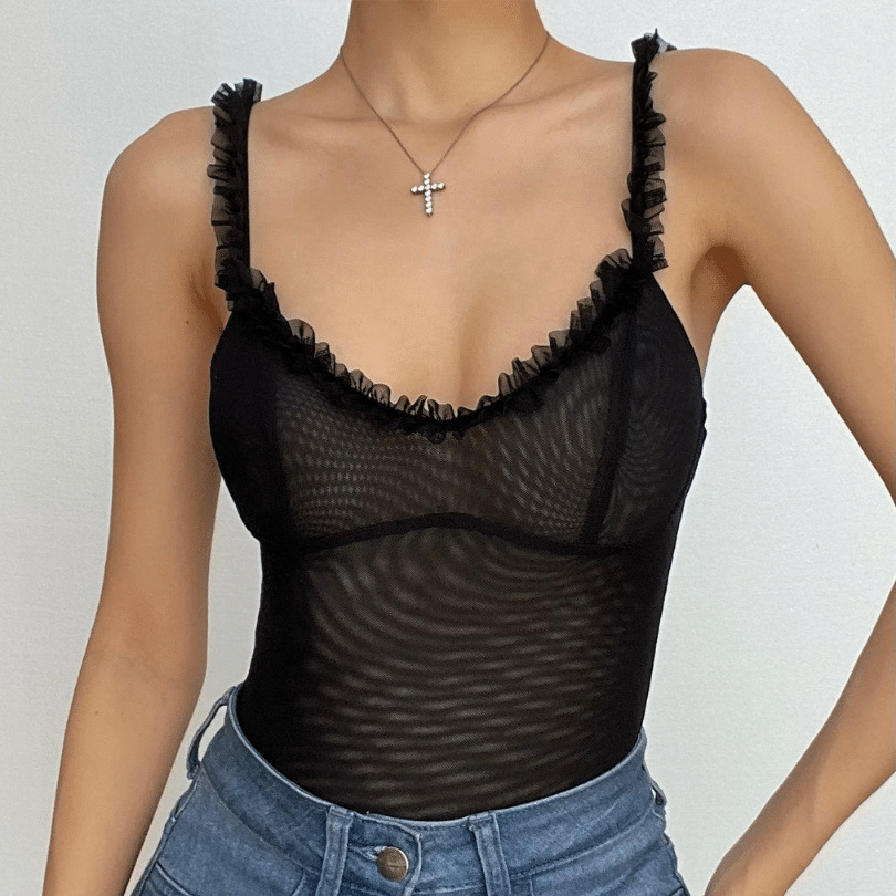 Sheer Mesh Ruffle V-Neck Sleeveless Bodysuit - Y2K Aesthetic Cute Top for Grunge & Coquette Styles