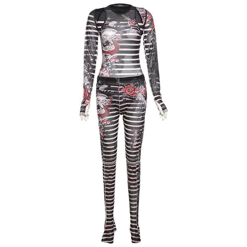 Sheer Mesh Shrug Bodysuit & Striped Long Sleeve Gloves Set - Y2K Grunge Aesthetic Outfit