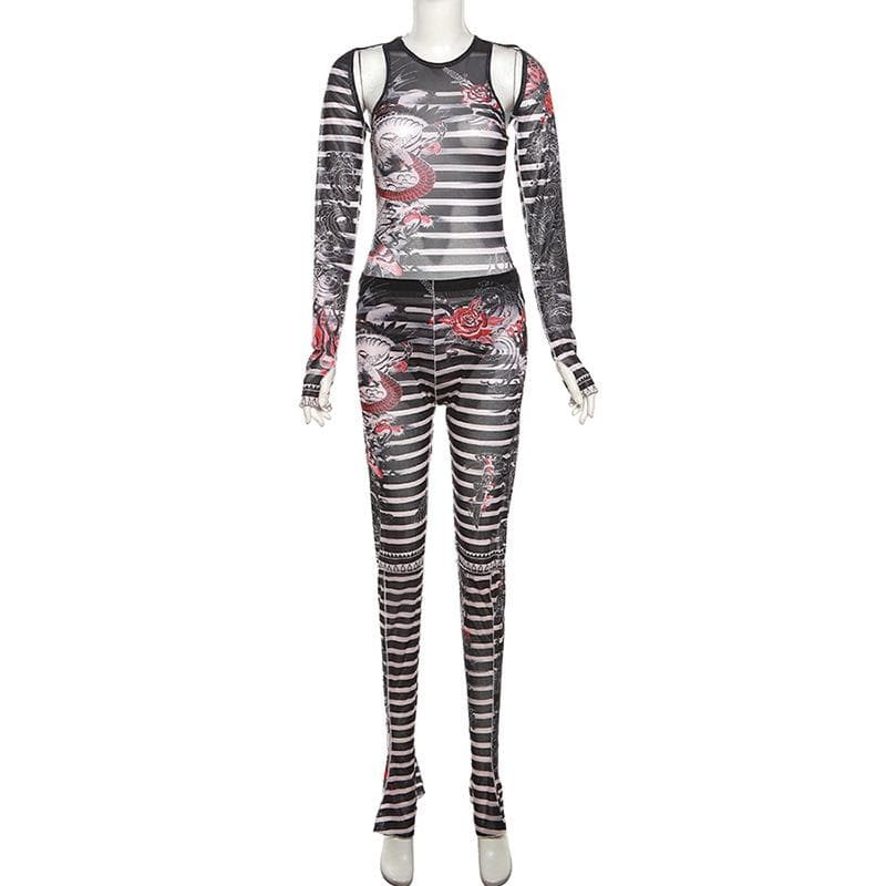 Sheer Mesh Shrug Bodysuit & Striped Long Sleeve Gloves Set - Y2K Grunge Aesthetic Outfit