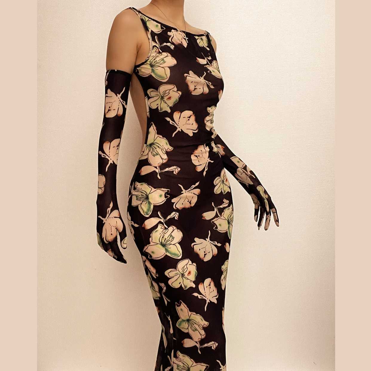 Sheer Mesh Sleeveless Gloves & Backless Flower Pattern Midi Dress - Y2K Coquette Aesthetic