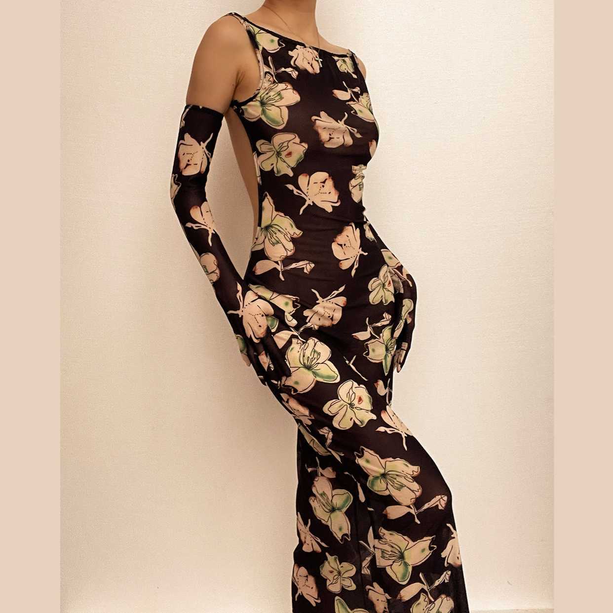 Sheer Mesh Sleeveless Gloves & Backless Flower Pattern Midi Dress - Y2K Coquette Aesthetic