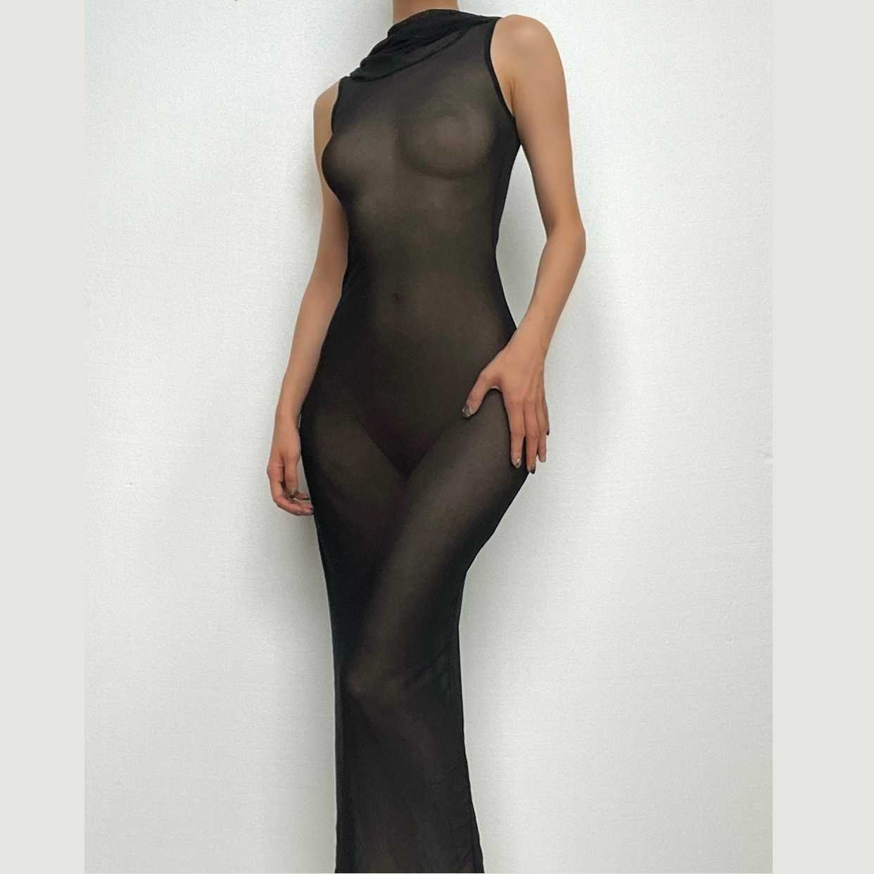 Sheer Mesh Sleeveless Maxi Dress - Y2K Aesthetic Hoodie Dress for Coquette & Grunge Styles