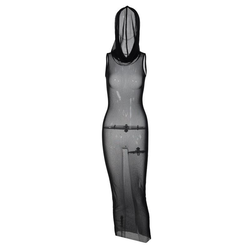 Sheer Mesh Sleeveless Maxi Dress - Y2K Aesthetic Hoodie Dress for Coquette & Grunge Styles