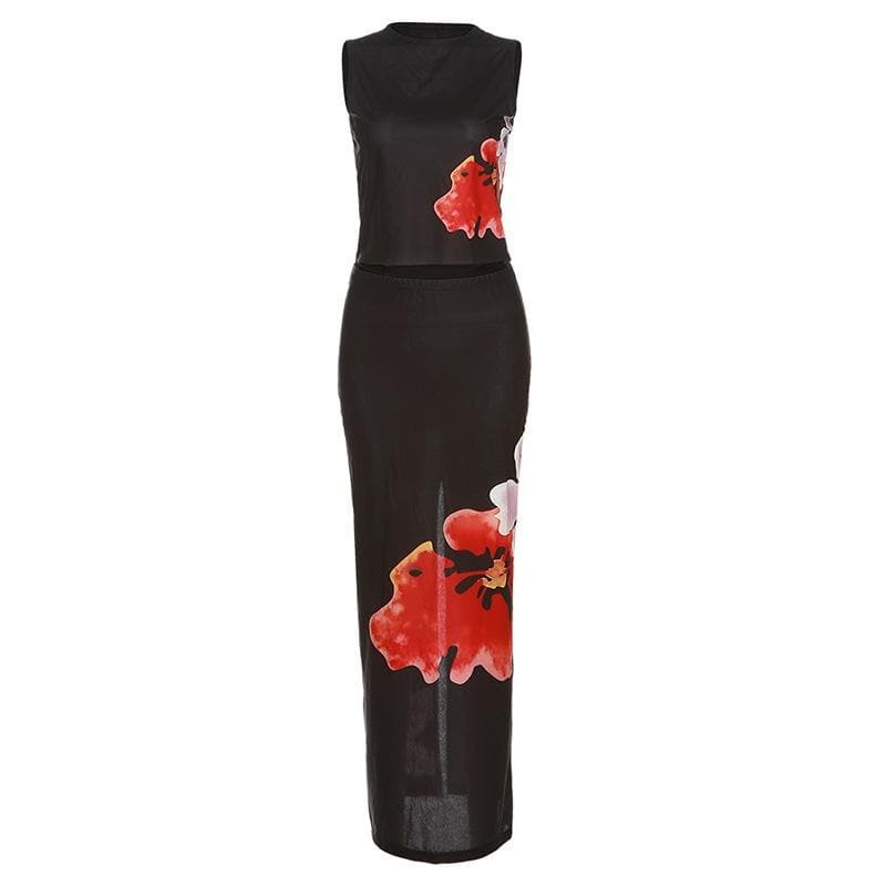 Sheer Mesh Slit Flower Pattern Midi Skirt Set - Y2K Aesthetic & Coquette Style