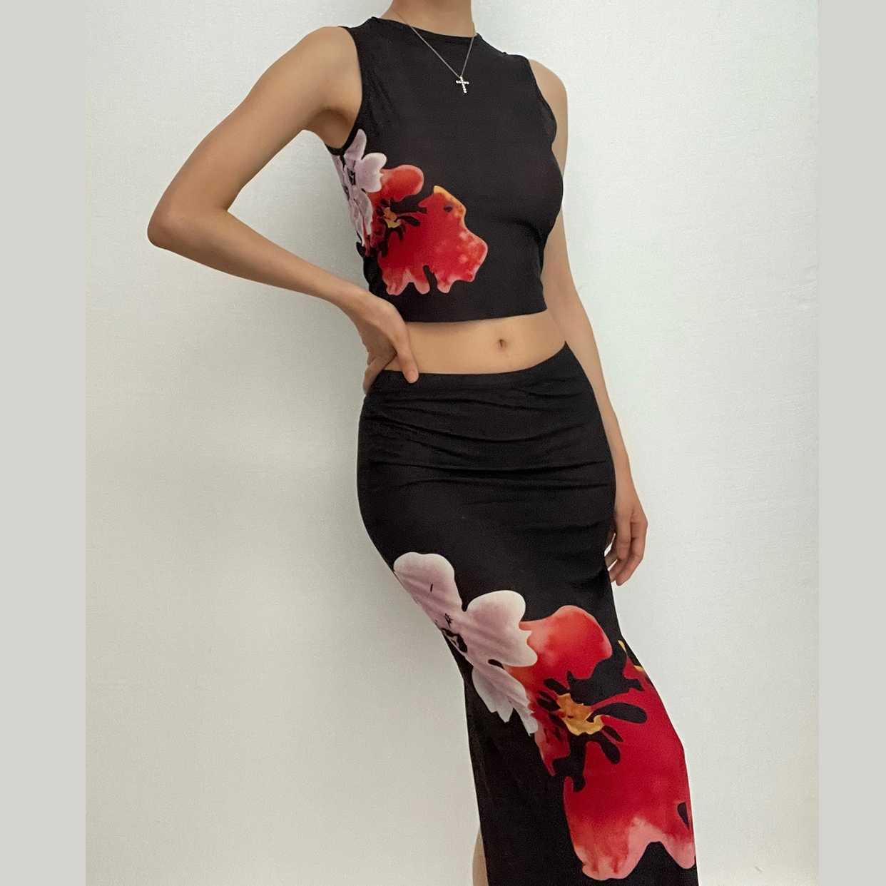 Sheer Mesh Slit Flower Pattern Midi Skirt Set - Y2K Aesthetic & Coquette Style