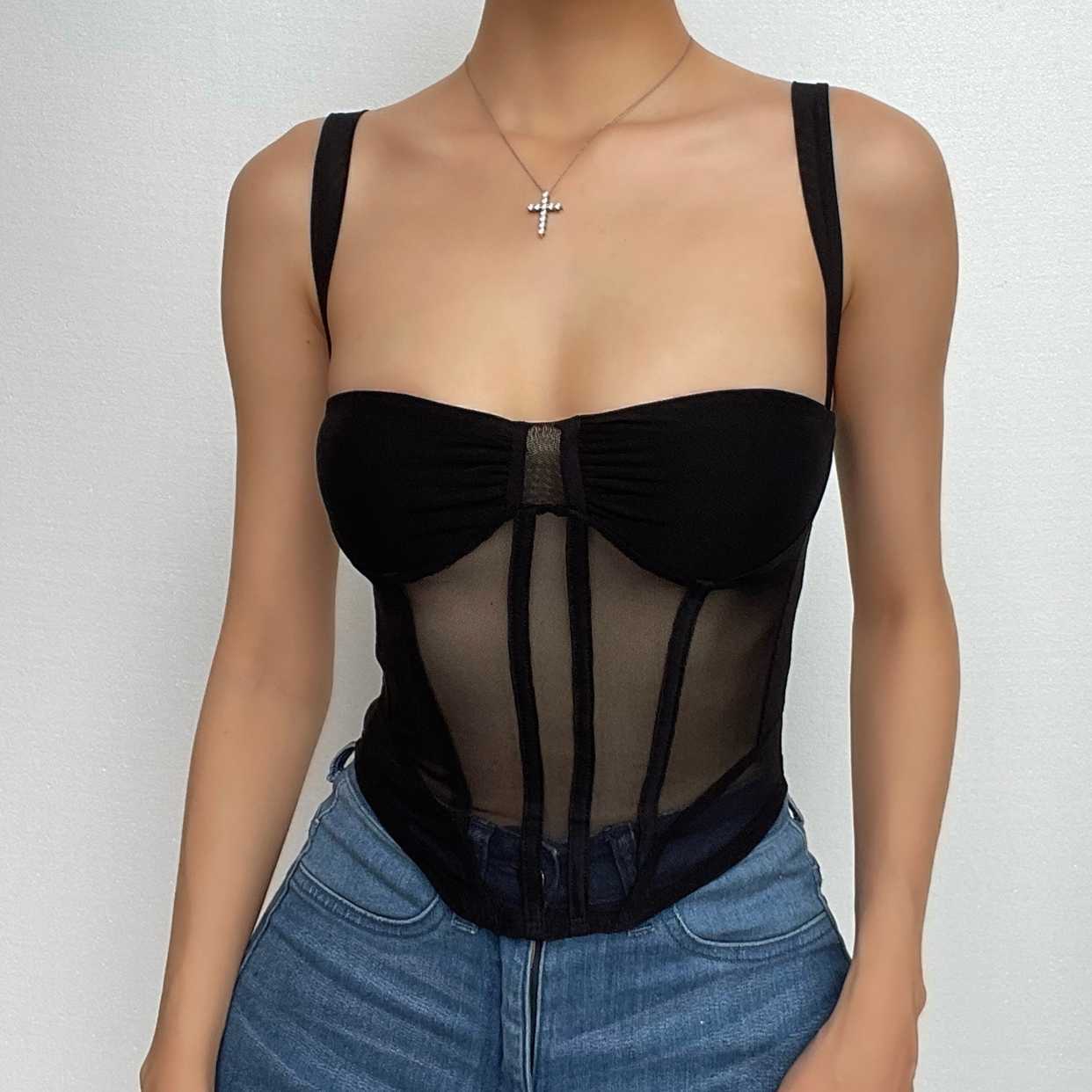 Sheer Mesh Square Neck Backless Ruched Cami Crop Top - Y2K Coquette Aesthetic Fashion