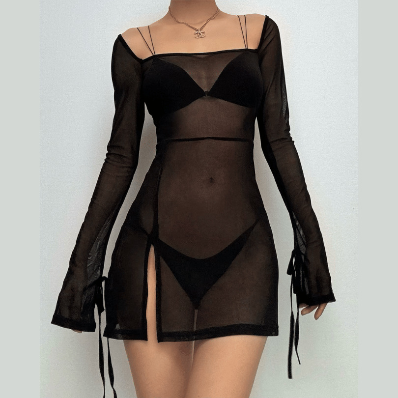 Sheer Mesh Square Neck Slit Mini Dress - Y2K Aesthetic, Coquette Style, Cute & Comfy