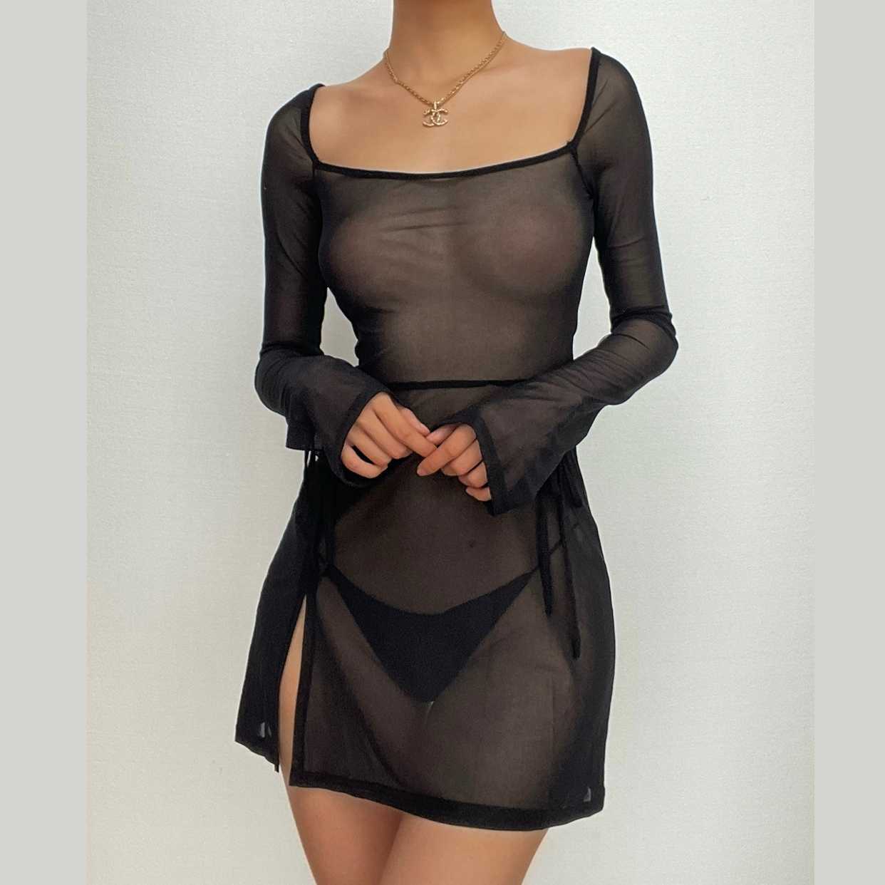 Sheer Mesh Square Neck Slit Mini Dress - Y2K Aesthetic, Coquette Style, Cute & Comfy