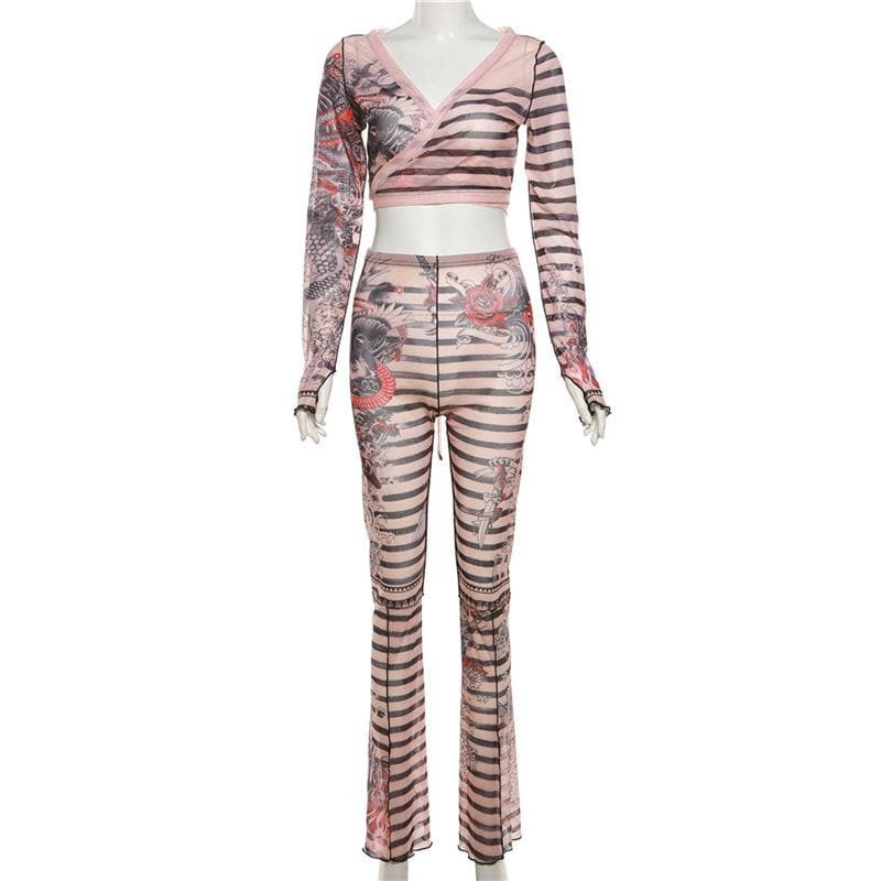 Sheer Mesh Striped Contrast Long Sleeve Self-Tie Y2K Aesthetic Pant Set for Trendy Looks