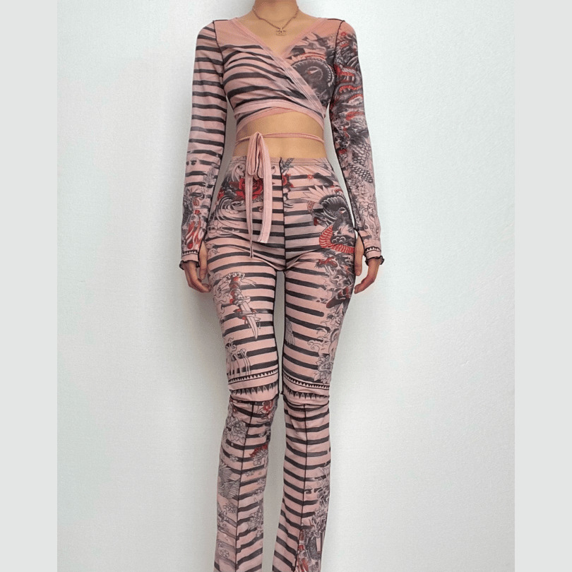 Sheer Mesh Striped Contrast Long Sleeve Self-Tie Y2K Aesthetic Pant Set for Trendy Looks