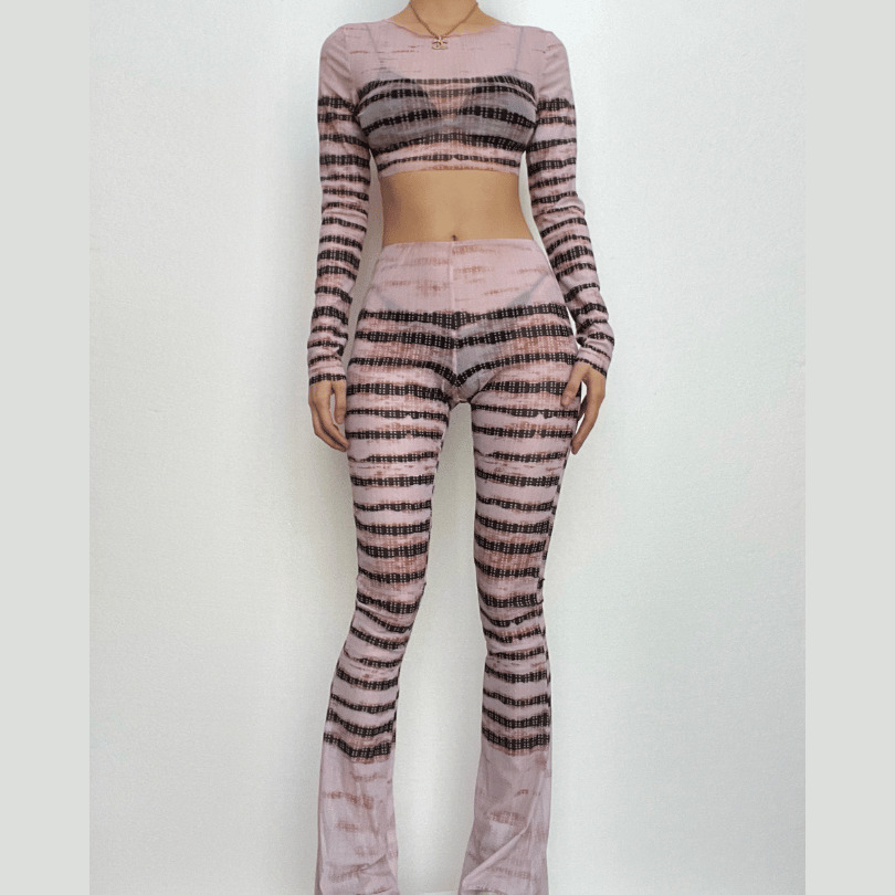 Sheer Mesh Striped Long Sleeve Contrast Pant Set - Y2K Aesthetic & Grunge Style
