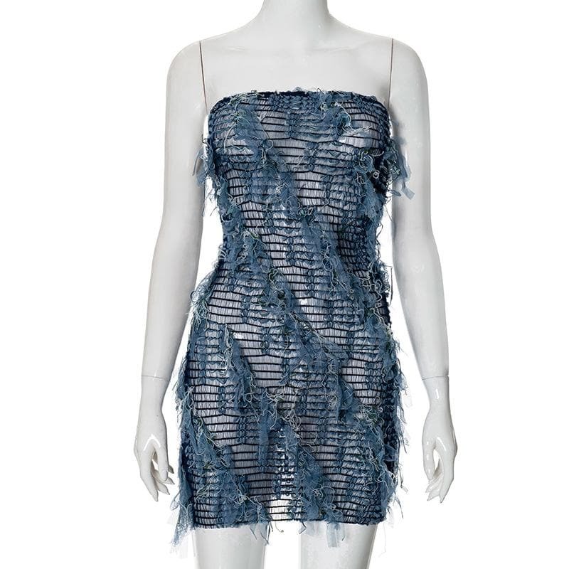 Sheer Mesh Textured Stitch Tube Mini Dress - Y2K Aesthetic, Coquette Style, Cute & Comfy