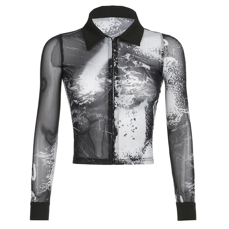 Sheer Mesh Turnover Collar Long Sleeve Button Top - Y2K Grunge Aesthetic Cute Layering Piece