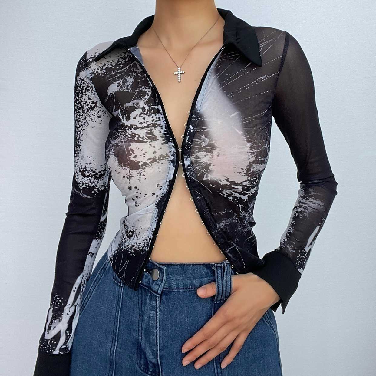 Sheer Mesh Turnover Collar Long Sleeve Button Top - Y2K Grunge Aesthetic Cute Layering Piece