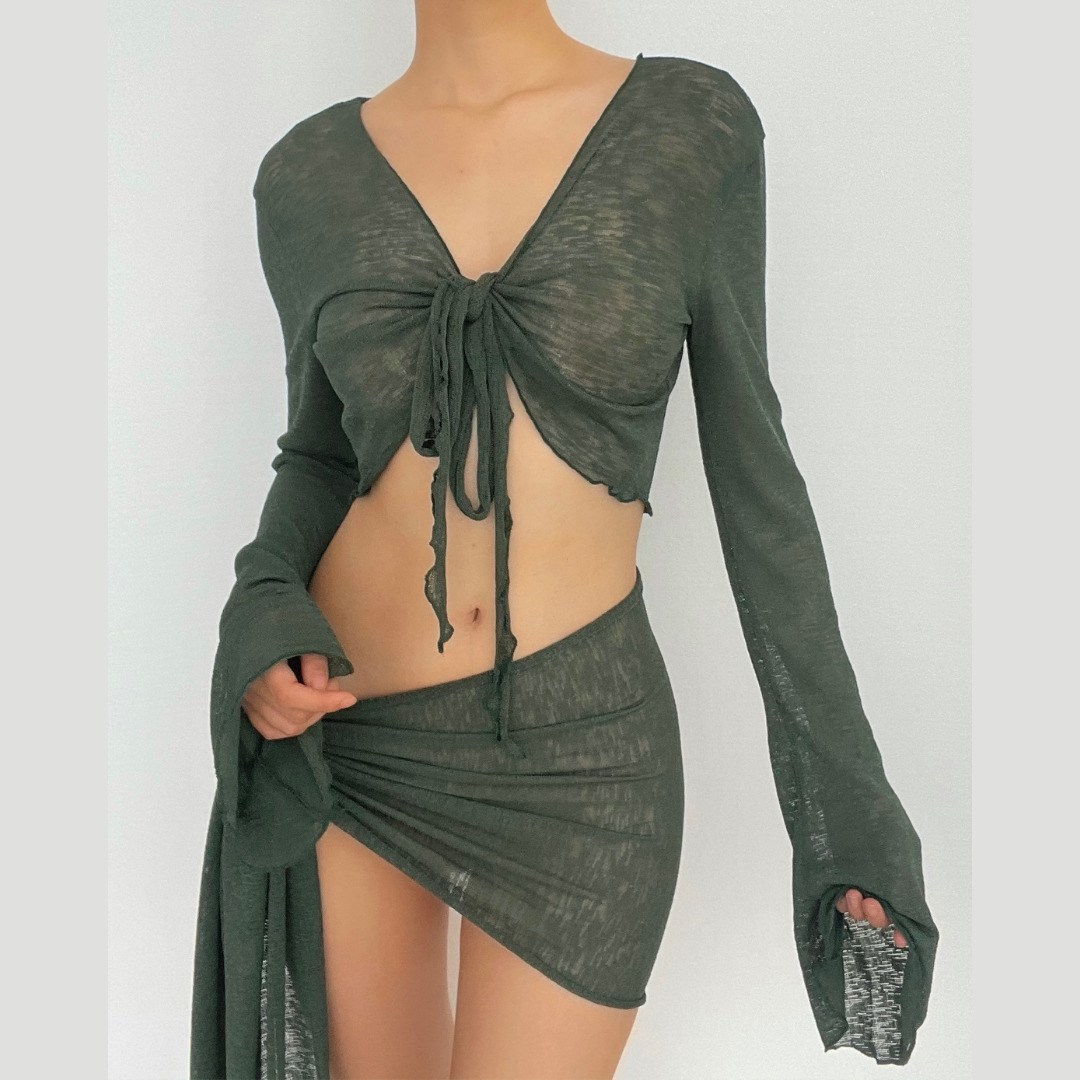 Sheer Mesh V-Neck Knotted Long Sleeve Skirt Set - Y2K Fashion & Coquette Aesthetic