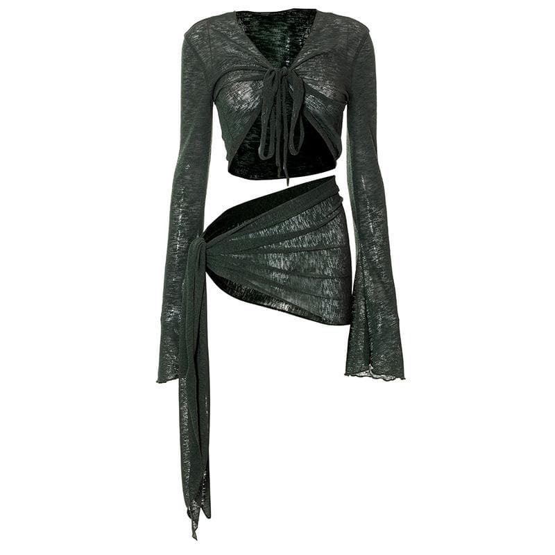 Sheer Mesh V-Neck Knotted Long Sleeve Skirt Set - Y2K Fashion & Coquette Aesthetic