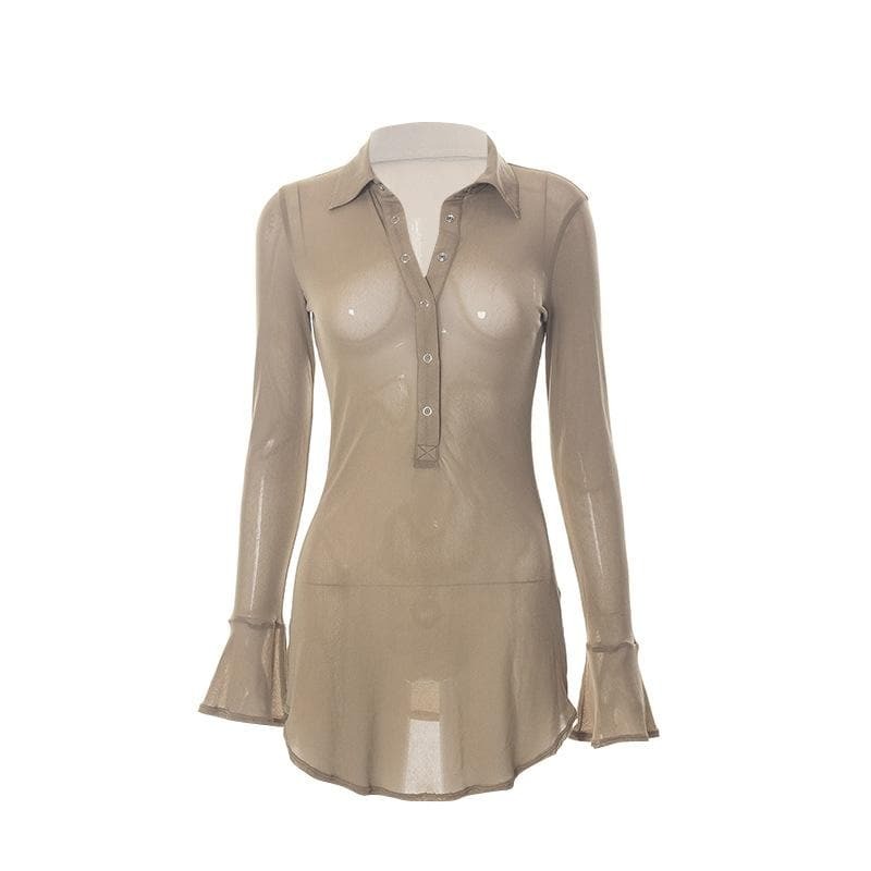 Sheer Mesh Y2K Flared Sleeve Mini Dress with Button Collar - Coquette & Grunge Aesthetic