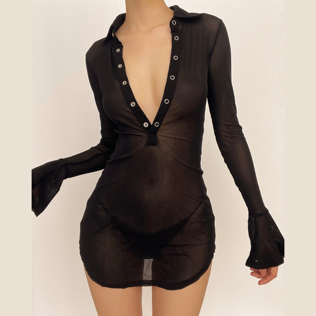 Sheer Mesh Y2K Flared Sleeve Mini Dress with Button Collar - Coquette & Grunge Aesthetic