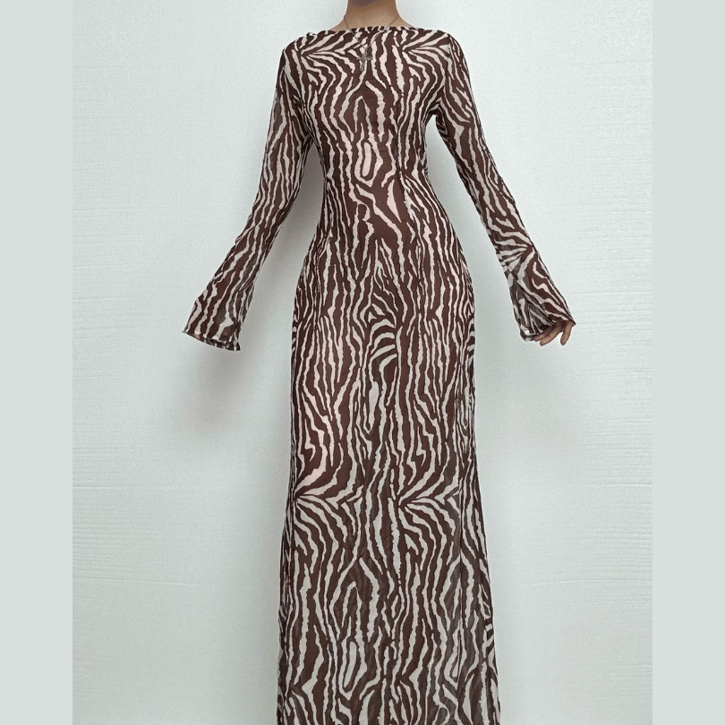 Sheer Mesh Zebra Print Long Sleeve Zip-Up Maxi Dress - Y2K Grunge & Coquette Aesthetic