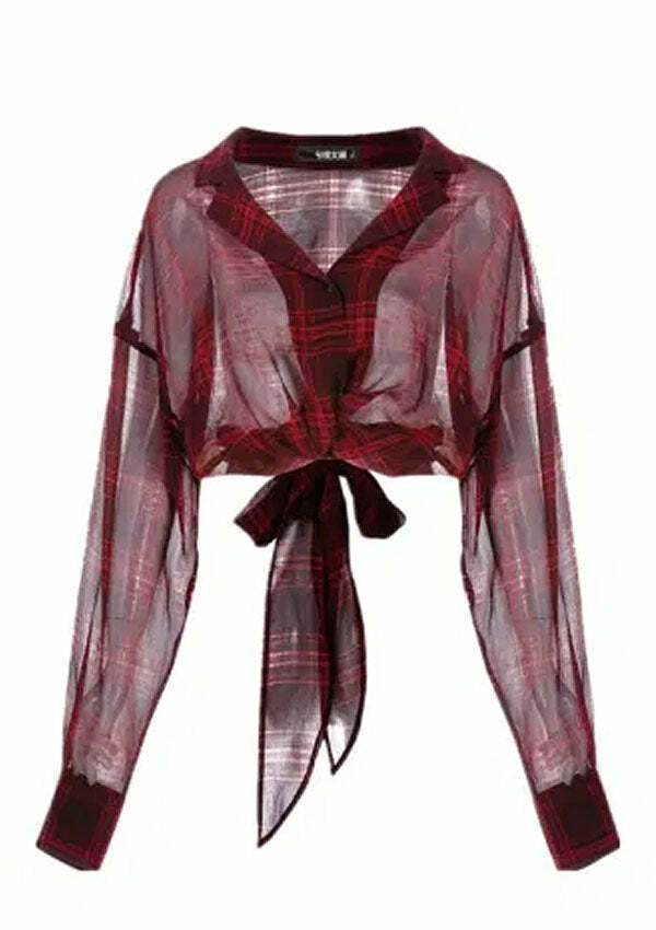 Sheer Plaid Chiffon Shirt - Y2K Aesthetic Top for Coquette & Grunge Styles