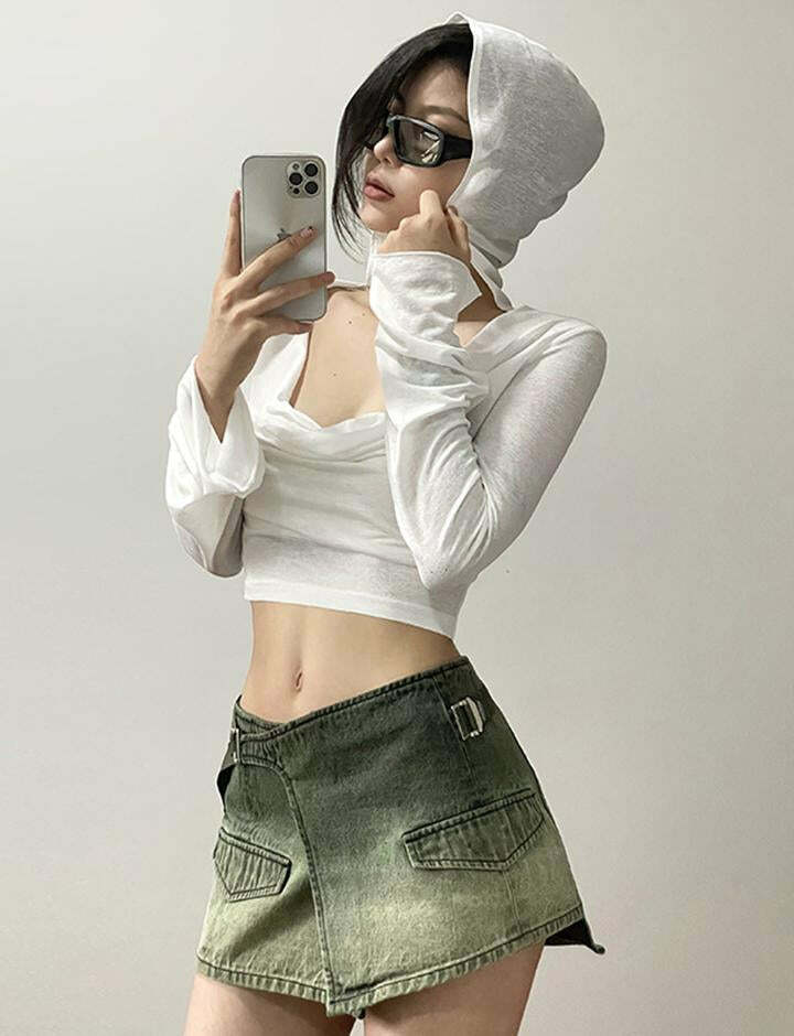 Shirred Hooded Slim Waist White Sunscreen Top - Y2K Aesthetic Cute Crop for Summer Style
