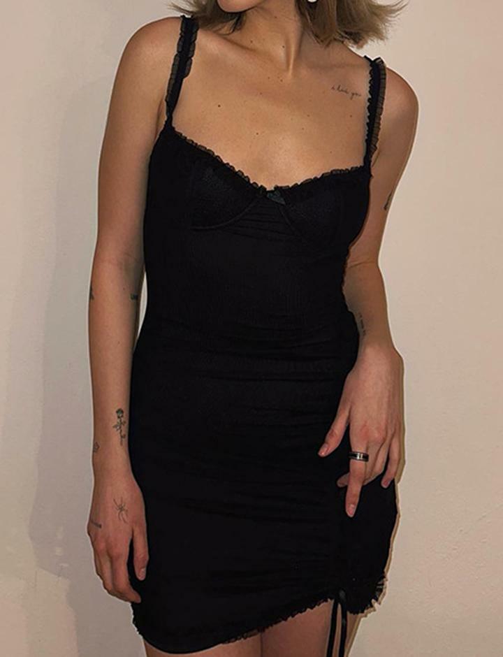 Skinny Lace Ruched Spaghetti Strap Mini Dress - Y2K Aesthetic Cute Top for Coquette Style