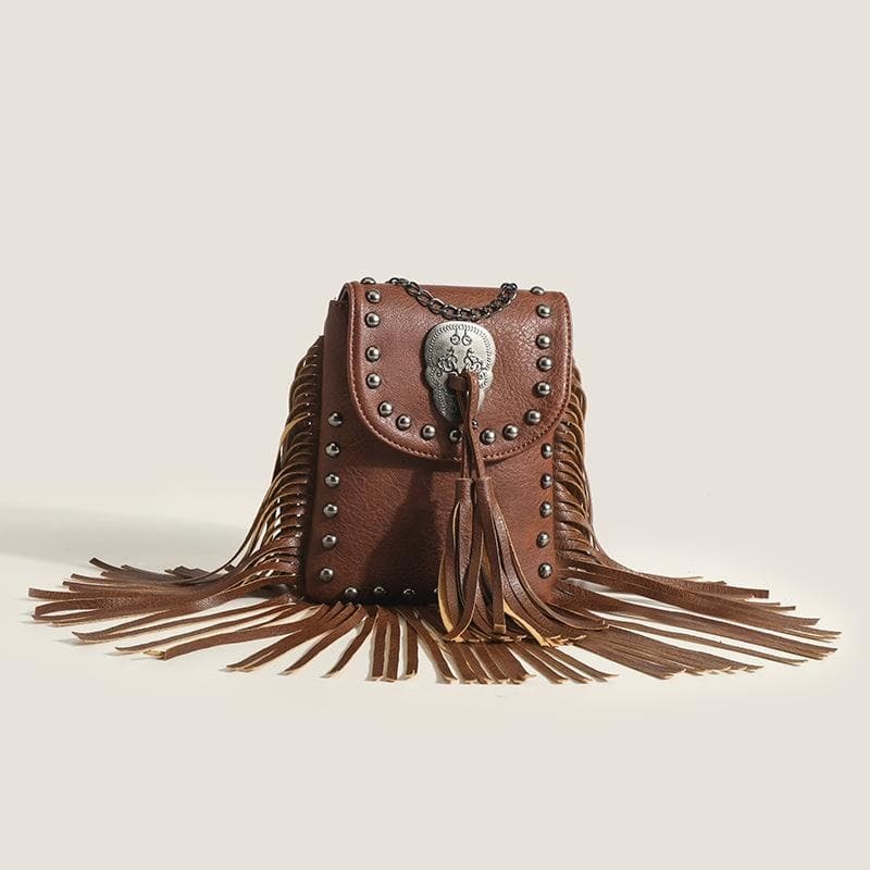 Skull Applique Tassels Button PU Leather Bag - Y2K Grunge Aesthetic, Cute Goth Style