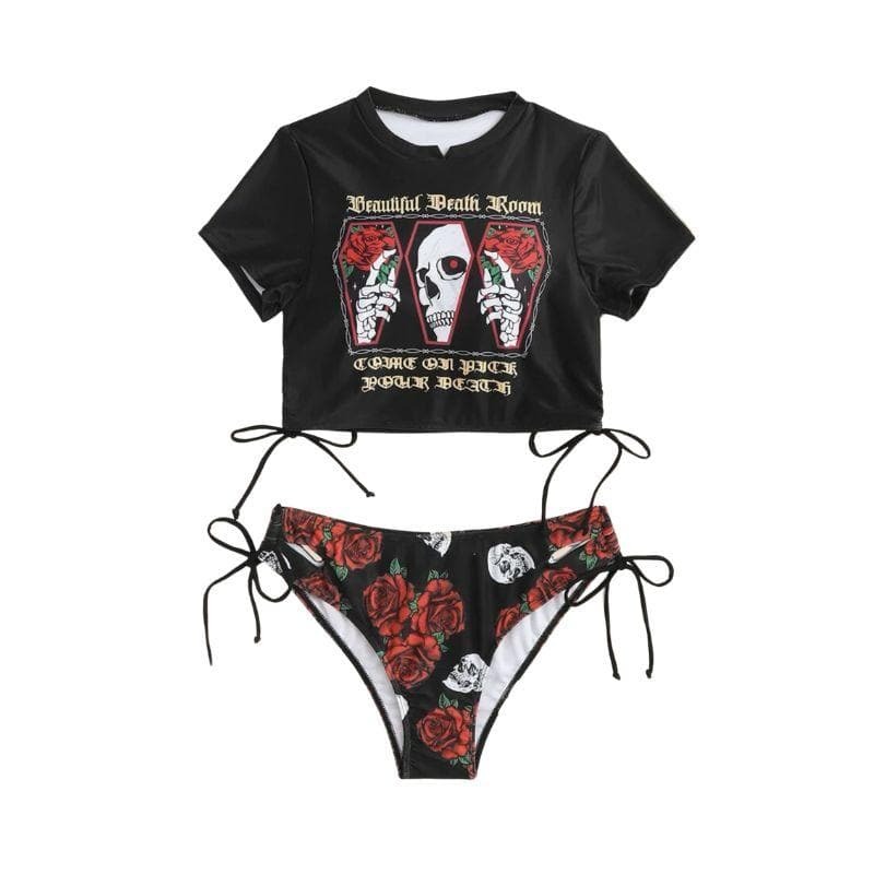 Skull Flower Pattern Drawstring Contrast Short Sleeve Bikini - Y2K Aesthetic Swimwear