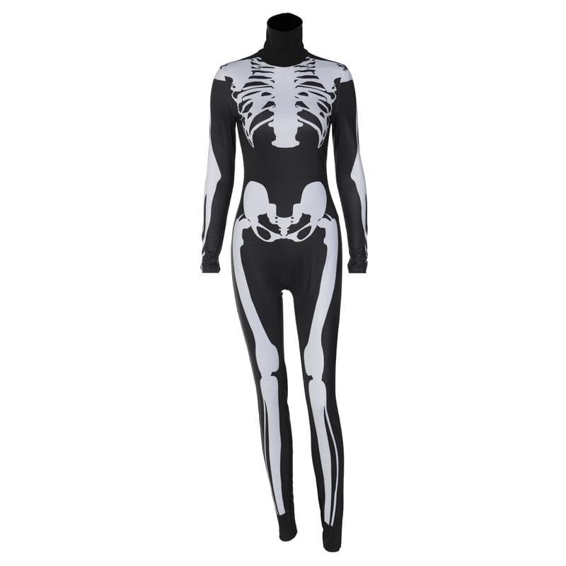 Skull Pattern High Neck Long Sleeve Jumpsuit - Y2K Grunge Aesthetic Fashion Statement