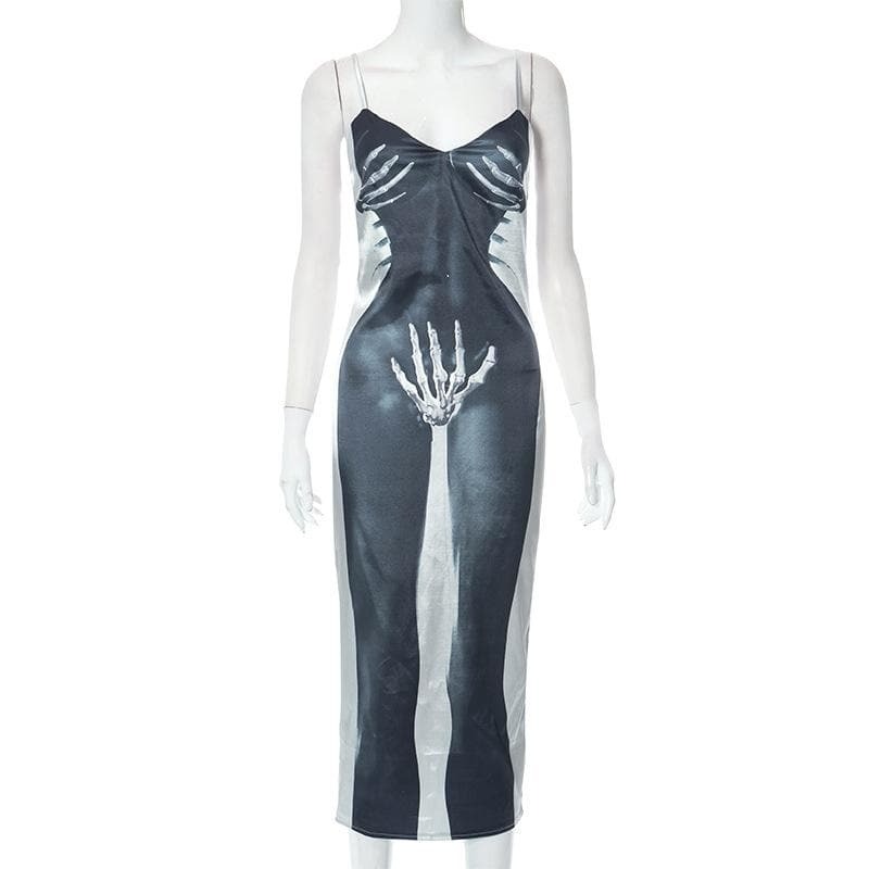 Skull Pattern V-Neck Backless Zip-Up Cami Midi Dress - Y2K Grunge Aesthetic Fashion