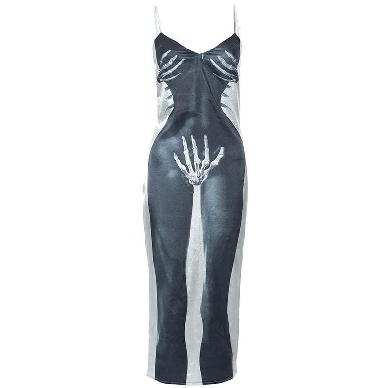 Skull Pattern V-Neck Backless Zip-Up Cami Midi Dress - Y2K Grunge Aesthetic Fashion