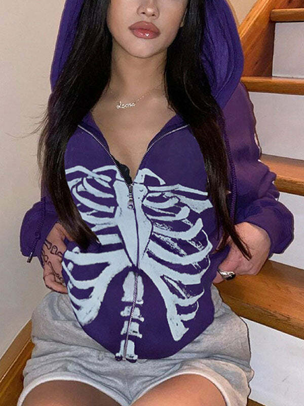 Skull Print Zipper Hoodie - Y2K Grunge Aesthetic, Comfy Layering for Edgy Outfits