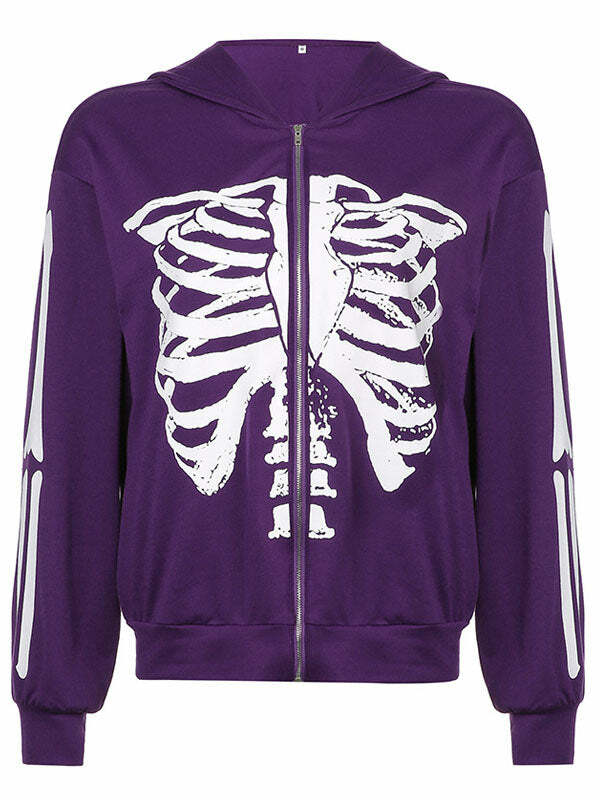 Skull Print Zipper Hoodie - Y2K Grunge Aesthetic, Comfy Layering for Edgy Outfits