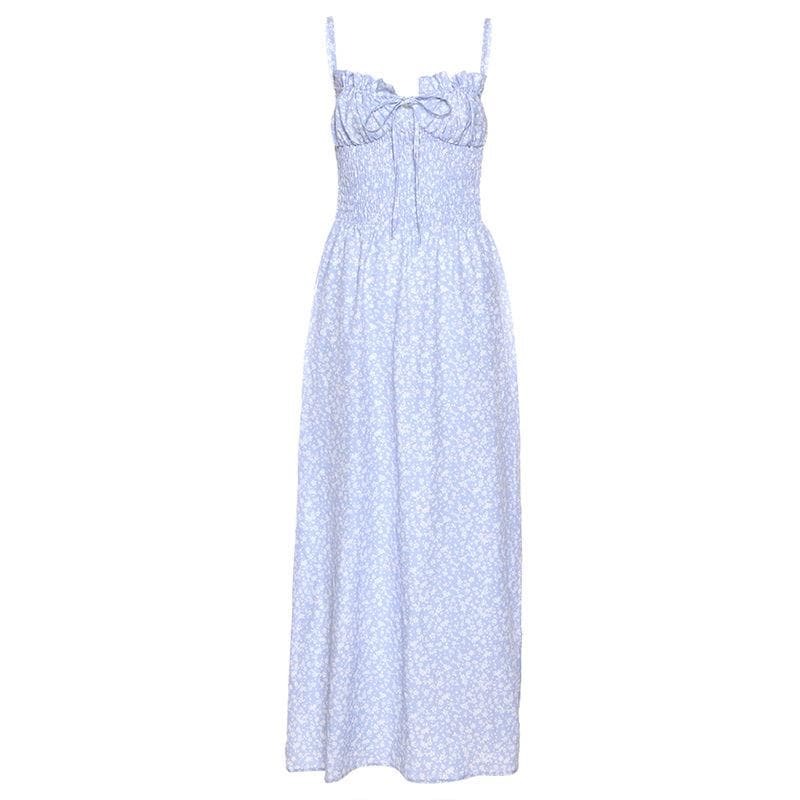 Smocked Drawstring Backless Cami Maxi Dress in Floral Print - Y2K Coquette Aesthetic