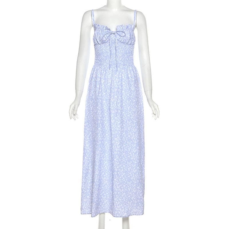Smocked Drawstring Backless Cami Maxi Dress in Floral Print - Y2K Coquette Aesthetic