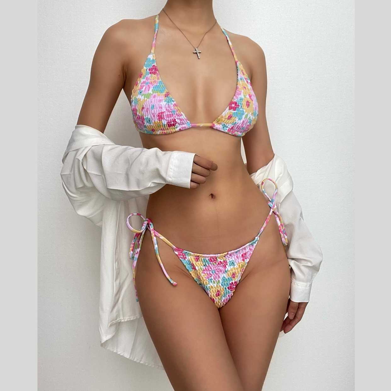 Smocked Floral Halter Backless Bikini - Y2K Aesthetic Swimwear for Coquette & Grunge Styles