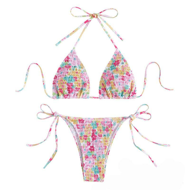 Smocked Floral Halter Backless Bikini - Y2K Aesthetic Swimwear for Coquette & Grunge Styles