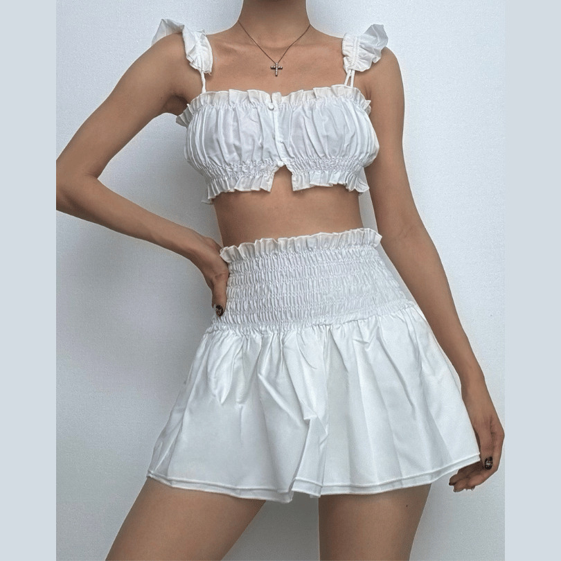 Smocked Ruched Cap Sleeve Ruffle Mini Skirt Set - Y2K Aesthetic Cute Outfit