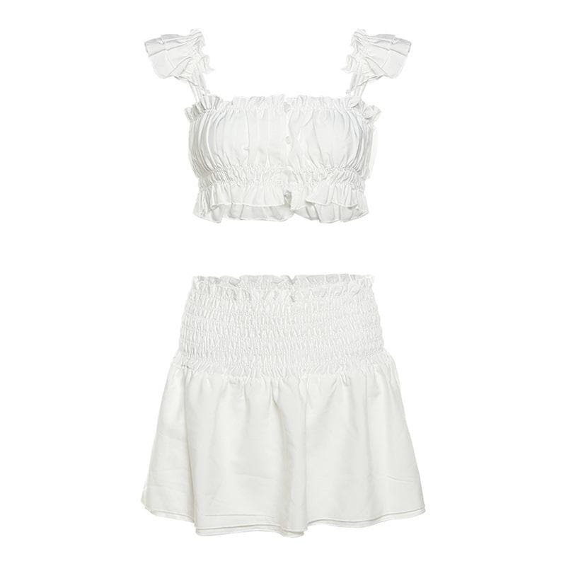Smocked Ruched Cap Sleeve Ruffle Mini Skirt Set - Y2K Aesthetic Cute Outfit