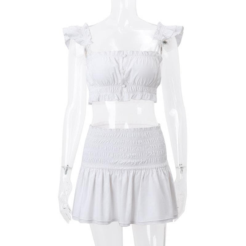 Smocked Ruffle Button Mini Skirt Set - Y2K Fashion, Coquette Aesthetic, Cute Tops