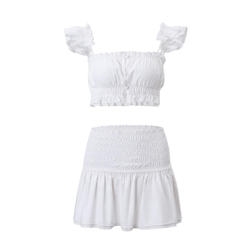 Smocked Ruffle Button Mini Skirt Set - Y2K Fashion, Coquette Aesthetic, Cute Tops