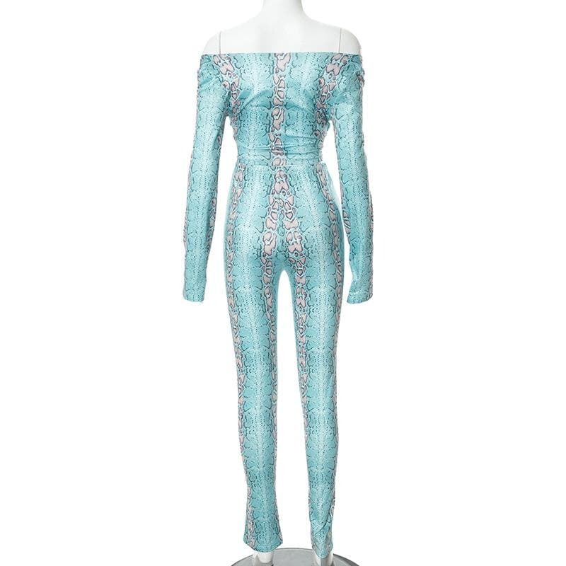 Snakeskin Print Off-Shoulder Long Sleeve Pant Set - Y2K Fashion & Coquette Aesthetic