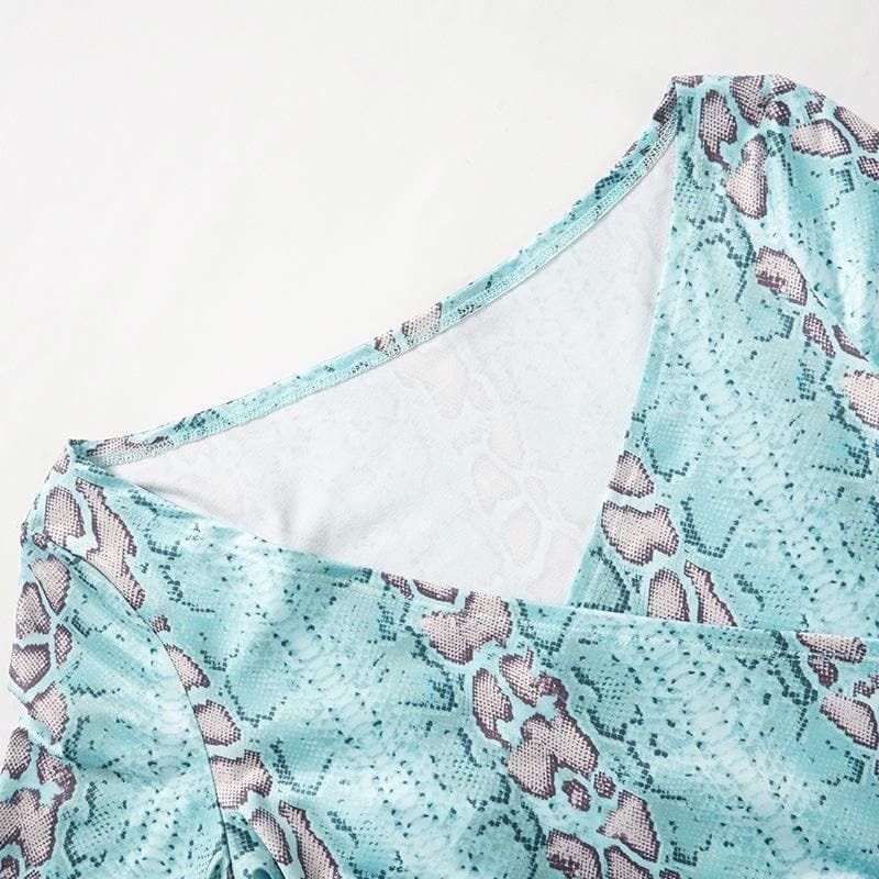 Snakeskin Print Off-Shoulder Long Sleeve Pant Set - Y2K Fashion & Coquette Aesthetic